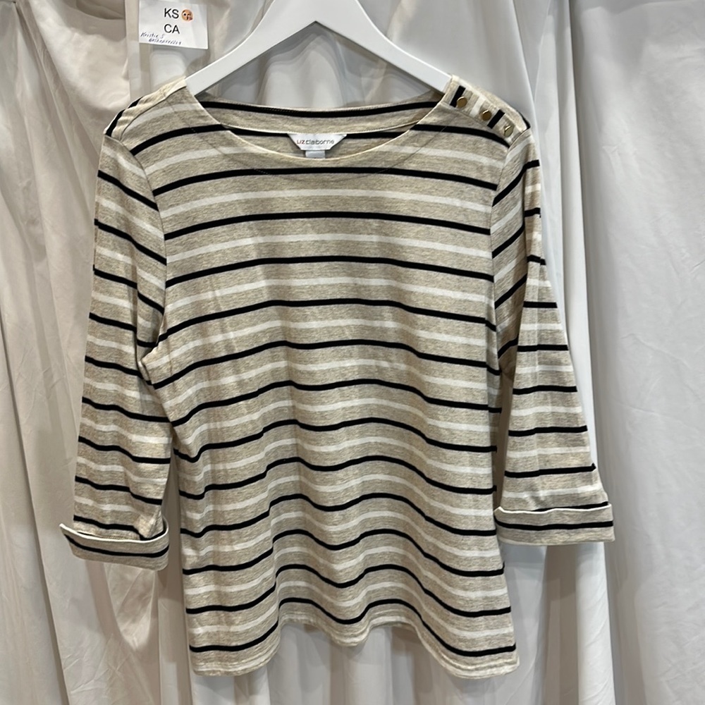 Liz Claiborne 3/4 sleeve top, gold buttons shoulder Lg, tan, white black, strip